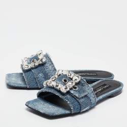 Pre Owned Dolce & Gabbana Blue Denim Embellished Patchwork Flat Slides Size 40