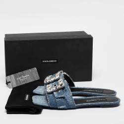 Pre Owned Dolce & Gabbana Blue Denim Embellished Patchwork Flat Slides Size 40