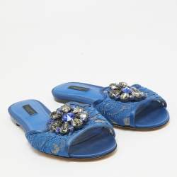 Pre Owned Dolce & Gabbana Blue Lace Sofia Crystal Embellished Slide Flats Size 37