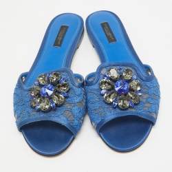 Pre Owned Dolce & Gabbana Blue Lace Sofia Crystal Embellished Slide Flats Size 37