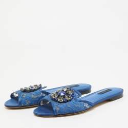 Pre Owned Dolce & Gabbana Blue Lace Sofia Crystal Embellished Slide Flats Size 37