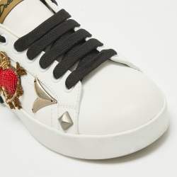 Pre Owned Dolce & Gabbana White Leather Portofino Embellished Low Top Sneakers Size 35