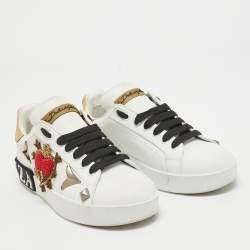 Pre Owned Dolce & Gabbana White Leather Portofino Embellished Low Top Sneakers Size 35