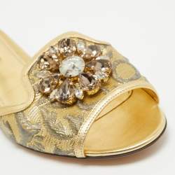 Dolce & Gabbana Gold Brocade Fabric Sofia Crystal Embellished Slides Size 38