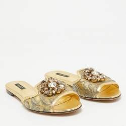 Dolce & Gabbana Gold Brocade Fabric Sofia Crystal Embellished Slides Size 38