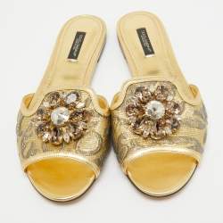 Dolce & Gabbana Gold Brocade Fabric Sofia Crystal Embellished Slides Size 38