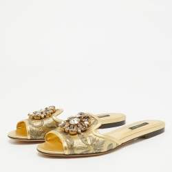 Dolce & Gabbana Gold Brocade Fabric Sofia Crystal Embellished Slides Size 38