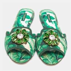 Pre Owned Dolce & Gabbana Green/White Floral Print Fabric Bianca Flat Slides Size 39.5
