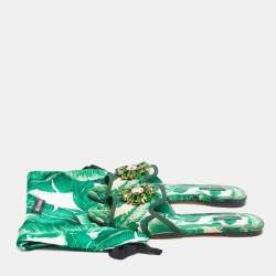 Pre Owned Dolce & Gabbana Green/White Floral Print Fabric Bianca Flat Slides Size 39.5