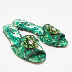 Pre Owned Dolce & Gabbana Green/White Floral Print Fabric Bianca Flat Slides Size 39.5