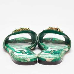Pre Owned Dolce & Gabbana Green/White Floral Print Fabric Bianca Flat Slides Size 39.5