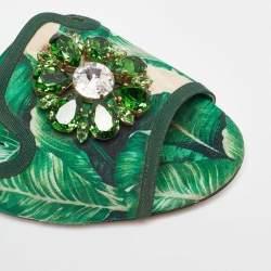 Pre Owned Dolce & Gabbana Green/White Floral Print Fabric Bianca Flat Slides Size 39.5