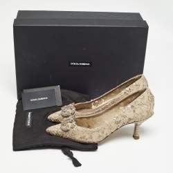 Pre Owned Dolce & Gabbana Beige Lace DG Amore Crystal Embellished Pointed Toe Pumps Size 36