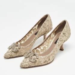 Pre Owned Dolce & Gabbana Beige Lace DG Amore Crystal Embellished Pointed Toe Pumps Size 36