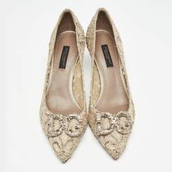 Pre Owned Dolce & Gabbana Beige Lace DG Amore Crystal Embellished Pointed Toe Pumps Size 36