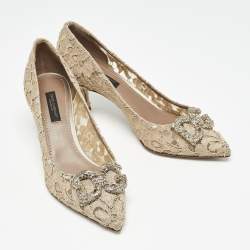 Pre Owned Dolce & Gabbana Beige Lace DG Amore Crystal Embellished Pointed Toe Pumps Size 36