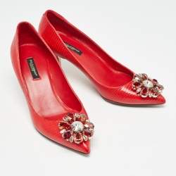 Pre Owned Dolce & Gabbana Red Lizard Embossed Leather Crystal Embellished Pumps Size 36.5