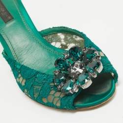 Pre Owned Dolce & Gabbana Green Lace Crystal Embellished Sandals Size 36