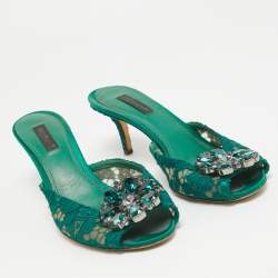 Pre Owned Dolce & Gabbana Green Lace Crystal Embellished Sandals Size 36