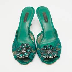 Pre Owned Dolce & Gabbana Green Lace Crystal Embellished Sandals Size 36