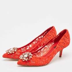 Pre Owned Dolce & Gabbana Red Lace Crystal Embellished Bellucci Pumps Size 38