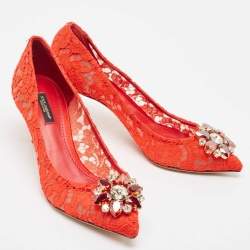 Pre Owned Dolce & Gabbana Red Lace Crystal Embellished Bellucci Pumps Size 38