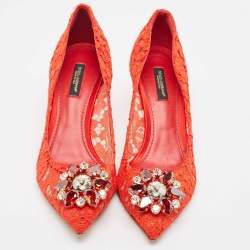 Pre Owned Dolce & Gabbana Red Lace Crystal Embellished Bellucci Pumps Size 38