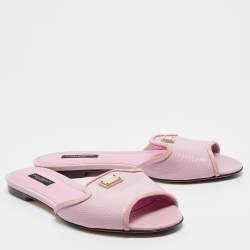 Pre Owned Dolce & Gabbana Pink Lizard Embossed Leather Flat Slides Size 37.5    