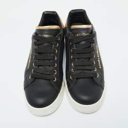 Dolce & Gabbana Black Leather Portofino Pearl Embellished Low Top Sneakers Size 39.5