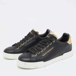 Dolce & Gabbana Black Leather Portofino Pearl Embellished Low Top Sneakers Size 39.5