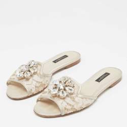 Pre Owned Dolce & Gabbana Light Grey Lace Bianca Flat Slides Size 35.5