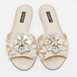 Pre Owned Dolce & Gabbana Light Grey Lace Bianca Flat Slides Size 35.5