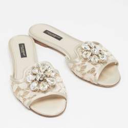 Pre Owned Dolce & Gabbana Light Grey Lace Bianca Flat Slides Size 35.5