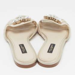 Pre Owned Dolce & Gabbana Light Grey Lace Bianca Flat Slides Size 35.5