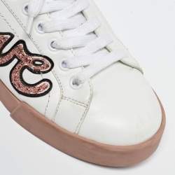 Pre Owned Dolce & Gabbana White Leather Love Applique Portofino Low Top Sneakers Size 38