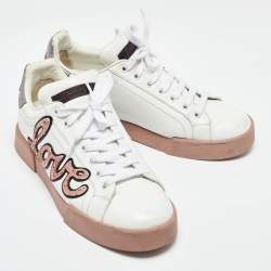 Pre Owned Dolce & Gabbana White Leather Love Applique Portofino Low Top Sneakers Size 38