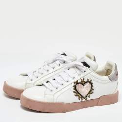 Pre Owned Dolce & Gabbana White Leather Love Applique Portofino Low Top Sneakers Size 38