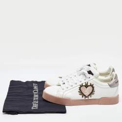 Pre Owned Dolce & Gabbana White Leather Love Applique Portofino Low Top Sneakers Size 38