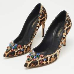 Dolce & Gabbana Brown/Beige Leopard Print Calf Hair Studded Pumps Size 37.5