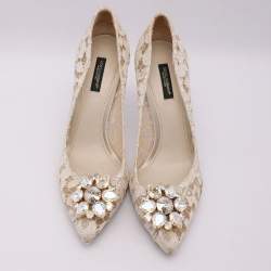 Pre Owned Dolce & Gabbana Off White Lace Bellucci Embellished Pointed Toe Pumps Size 39