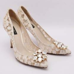 Pre Owned Dolce & Gabbana Off White Lace Bellucci Embellished Pointed Toe Pumps Size 39