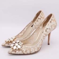 Pre Owned Dolce & Gabbana Off White Lace Bellucci Embellished Pointed Toe Pumps Size 39