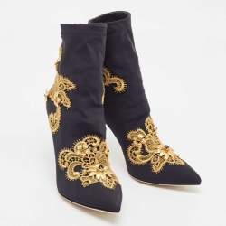 Dolce & Gabbana Black/Gold Baroque Embroidered Fabric Lori Ankle Boots Size 39