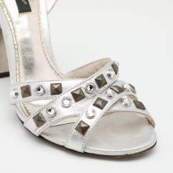 Dolce & Gabbana Silver Leather Embellished Ankle Strap Sandals Size 36.5
