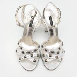 Dolce & Gabbana Silver Leather Embellished Ankle Strap Sandals Size 36.5