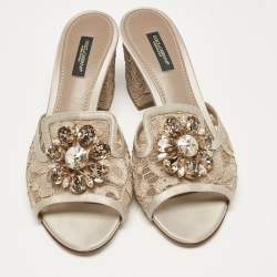Pre Owned Dolce & Gabbana Beige/Silver Satin Sofia Slide Sandals Size 38