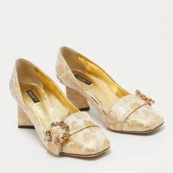 Pre Owned Dolce & Gabbana Gold Brocade Fabric Embellished Buckle Block Heel Pumps Size 41