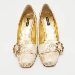 Pre Owned Dolce & Gabbana Gold Brocade Fabric Embellished Buckle Block Heel Pumps Size 41