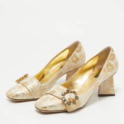 Pre Owned Dolce & Gabbana Gold Brocade Fabric Embellished Buckle Block Heel Pumps Size 41