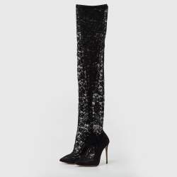 Dolce & Gabbana Black Lace and Mesh Knee Length Boots Size 37